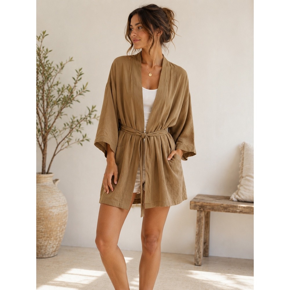 A New Day Kimono Robe Womens OSFM Brown Tie Waist Pockets Boho Minimalist